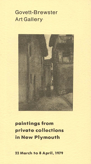 Catalogue cover with drawn image of a narrow street, text stating paintings from private collections in New Plymouth.
