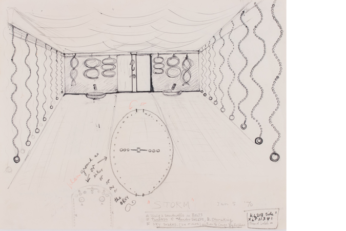 A pencil sketch of Storm Chamber - a room of kinetic sculptures envisaged by Len Lye.