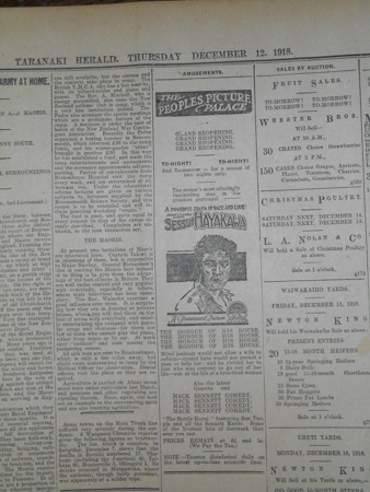 Taranaki Herald Peoples Picture Palace Ad 12 Dec 1918