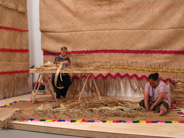 An installation image of the exhibition Lalaga Le Hui Fono in Govett-Brewster Art Gallery